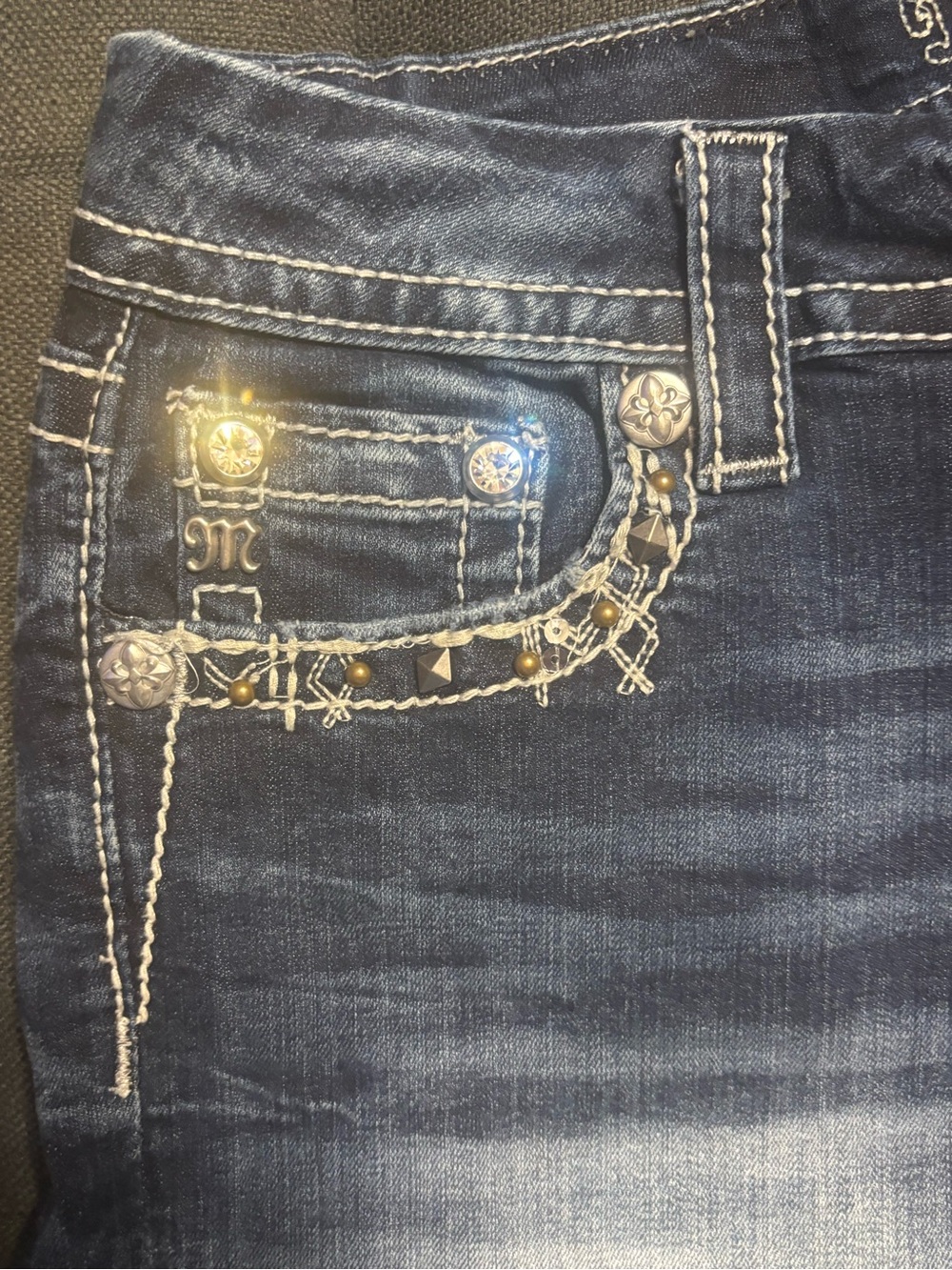 Miss Me Distressed Dark Blue Denim Shorts with Embellished Pockets size 27 - Picture 4 of 5